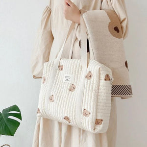 Embroidery Bear Flower Pattern Beige Cotton Handbag