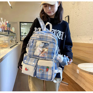 Waterproof Grid Backpack Women Candy Colors Student Backpacks