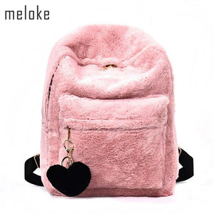 Plush Faux Fur Backpack w/ Heart Pendant - Pink