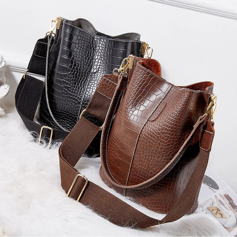 Large Capacity Bucket Bag Crocodile Pattern Crossbody Bags for Women