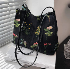 Large Flowers Tote Bag Embroidery Canvas Handbag