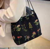 Large Flowers Tote Bag Embroidery Canvas Handbag