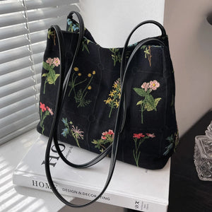 Large Flowers Tote Bag Embroidery Canvas Handbag