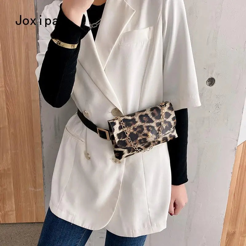 Leopard Print Waist Bag Chain Phone Shoulder PU Leather Fanny Pack