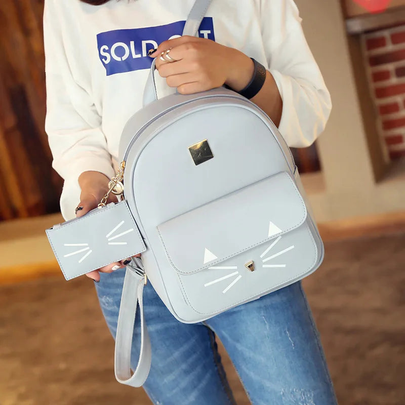Cat Printing PU Leather Backpack for Girls Pink Teen Travel