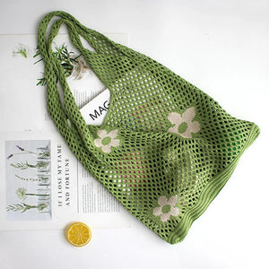 Knitted Large Capacity Shoulder Bag Ladies Casual Beach Mesh Hollow Flower Woven