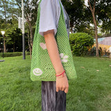 Knitted Large Capacity Shoulder Bag Ladies Casual Beach Mesh Hollow Flower Woven