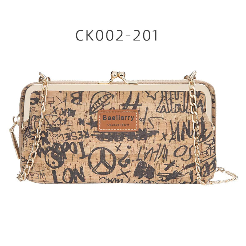Women Wood Grain Chain Long Wallet High Phone Holder Classic Female Purse