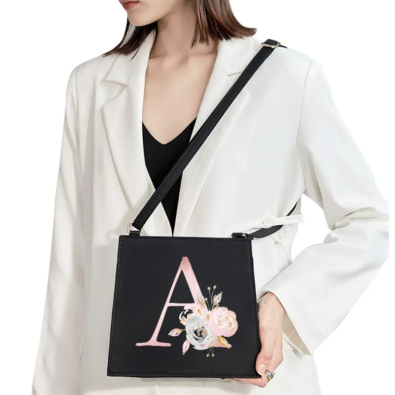 Shoulder Bag Initial Name Letter Pink Flower Pattern Printing Series