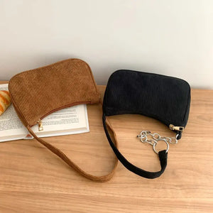 Vintage Corduroy Women Handbag Casual Underarm Bag Solid Zipper Clutch