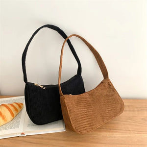 Vintage Corduroy Women Handbag Underarm Bag Zipper Female Clutch
