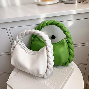 Woman Weave Handle Handbag Leather Clutch Purse Small Shoulder Bag