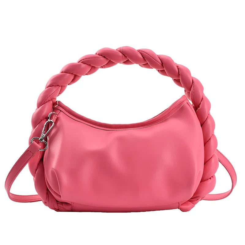 Woman Weave Handle Handbag Leather Clutch Purse Small Shoulder Bag