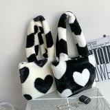Heart Print Plush Shoulder Bag Winter Large Tote Handbag Women
