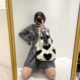 Heart Print Plush Shoulder Bag Winter Large Tote Handbag Women