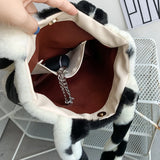 Heart Print Plush Shoulder Bag Winter Large Tote Handbag Women