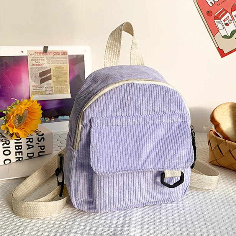 Women Corduroy Mini Backpack Small Bag Casual Student Bookbags