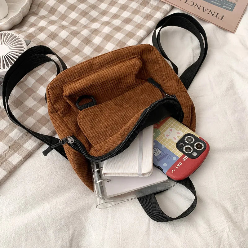 Corduroy Mini Backpack Solid Color Small Student Bookbag