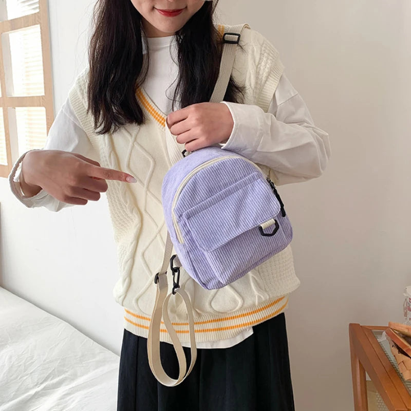 Women Mini Backpack Solid Corduroy Small Backpacks
