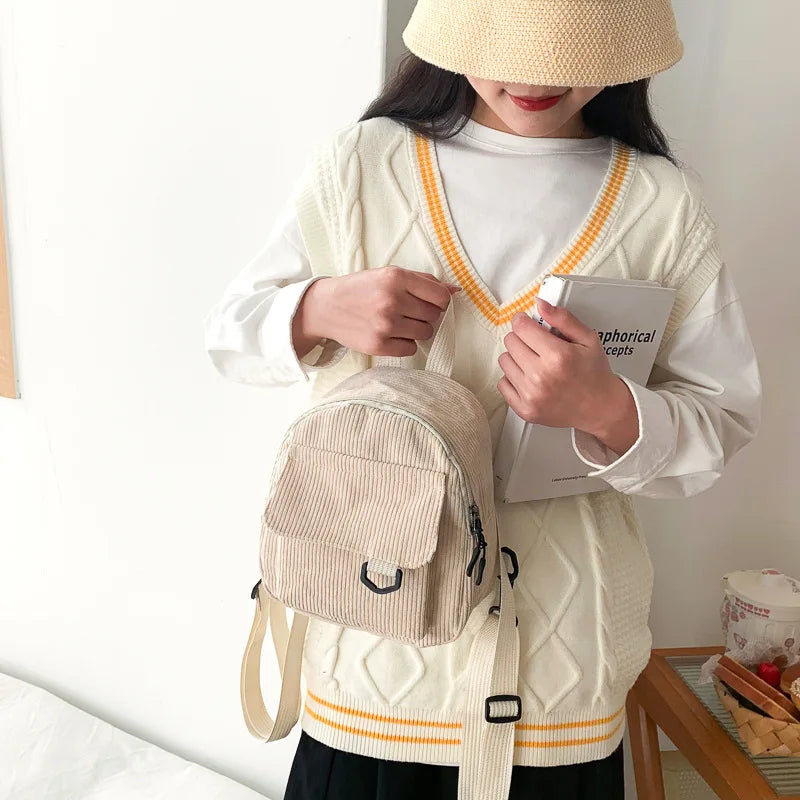 Women Mini Backpack Solid Corduroy Small Backpacks