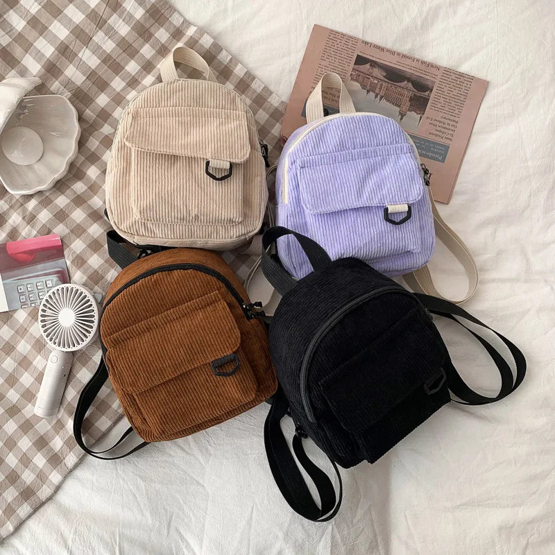 Women Mini Backpack Solid Corduroy Small Backpacks