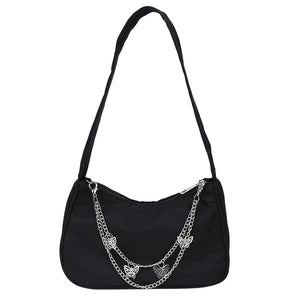 Women Small Shoulder Bag PU Leather & Nylon Vintage Butterfly Chain Mini Purse