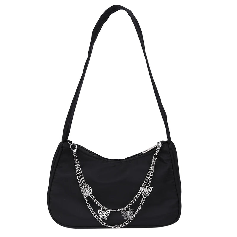 Women Small Shoulder Bag PU Leather & Nylon Vintage Butterfly Chain Mini Purse