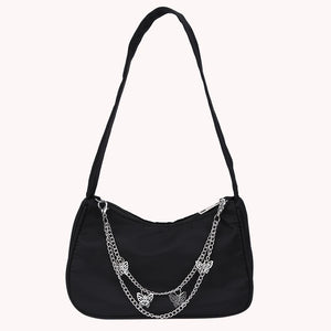 Women Small Shoulder Bag PU Leather & Nylon Vintage Butterfly Chain Mini Purse