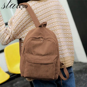 Corduroy Student Girls Backpack Casual Travel Rucksack