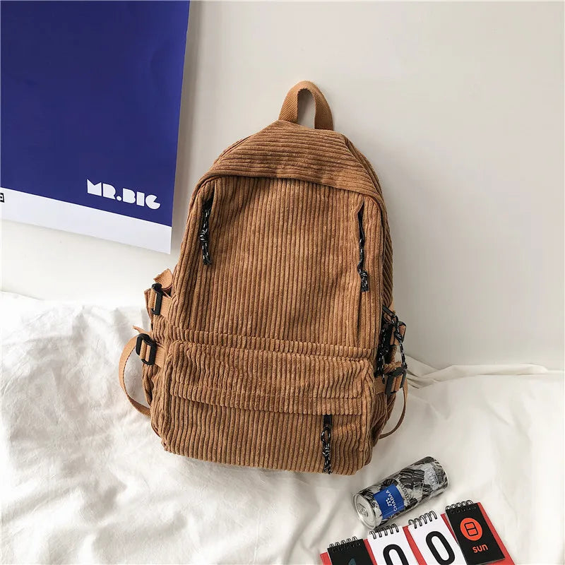 Women's Corduroy Backpack Striped School Bag Girl Backpack