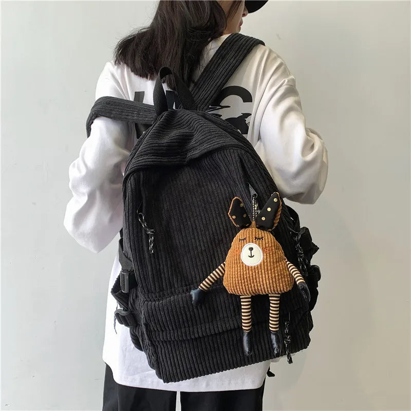 Women's Corduroy Backpack Striped School Bag Girl Backpack
