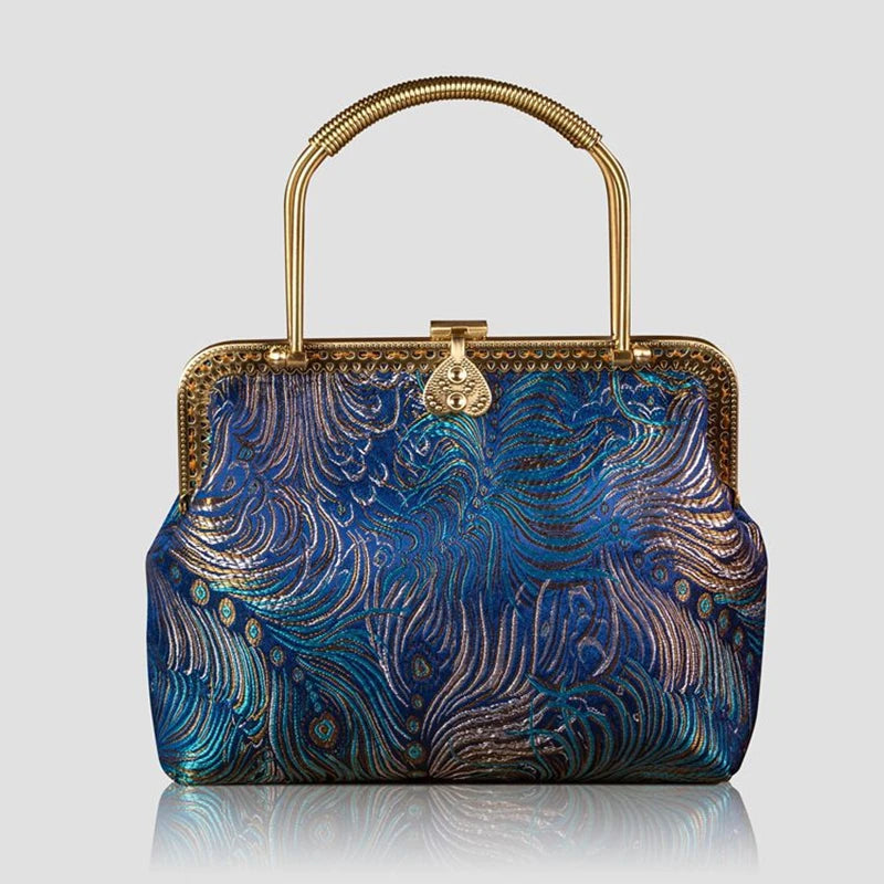 Fem. Satin Peacock Hanfu Sling Bag Chin. Kisslock Shoulder