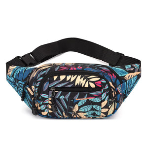 Leaf Print Waist Bag Canvas Travel Fanny Pack Large Capacity