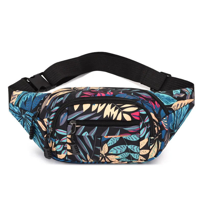 Leaf Print Waist Bag Canvas Travel Fanny Pack Large Capacity