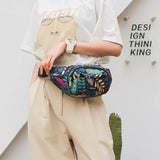Leaf Print Waist Bag Canvas Travel Fanny Pack Large Capacity