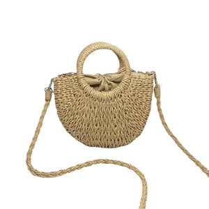Women Beach Weaving Straw Bag Moon Shaped Top Handle Handbags Totes