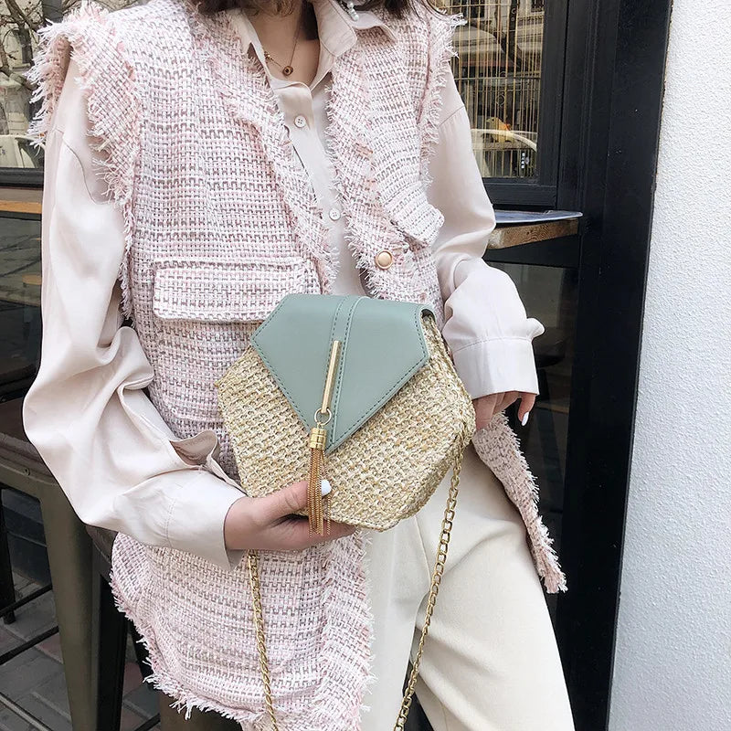 Hexagon Straw+Leather Handbag Summer Rattan Bag