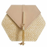 Hexagon Straw+Leather Handbag Summer Rattan Bag