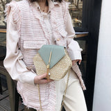 Hexagon Straw+Leather Handbag Summer Rattan Bag