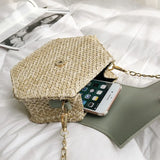 Hexagon Straw+Leather Handbag Summer Rattan Bag