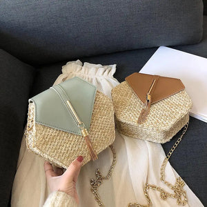 Hexagon Shape Straw PU Chain Messenger Bags Women Beach Boho Bags