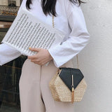Hexagon Shape Straw PU Chain Messenger Bags Women Beach Boho Bags