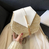 Hexagon Shape Straw PU Chain Messenger Bags Women Beach Boho Bags