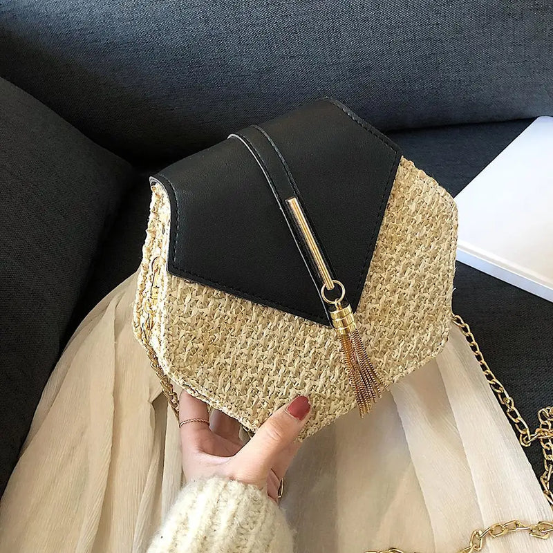 Hexagon Shape Straw PU Chain Messenger Bags Women Beach Boho Bags