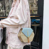 Hexagon Shape Straw PU Chain Messenger Bags Women Beach Boho Bags