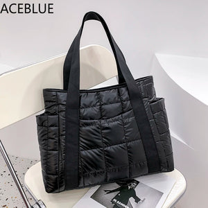 Winter Textured Padded Duffel Bag Plaid Shoulder Bags Nylon Handbags