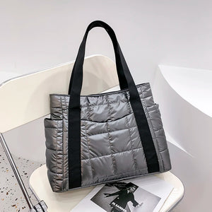 Winter Textured Padded Duffel Bag Plaid Shoulder Bags Nylon Handbags