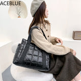 Winter Textured Padded Duffel Bag Plaid Shoulder Bags Nylon Handbags
