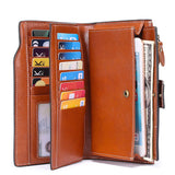 Retro Oil Wax Leather Women Wallet RFID Long Clutch Bag