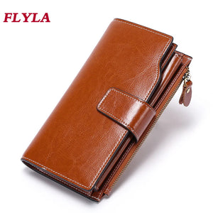 Retro Oil Wax Leather Women Wallet RFID Long Clutch Bag